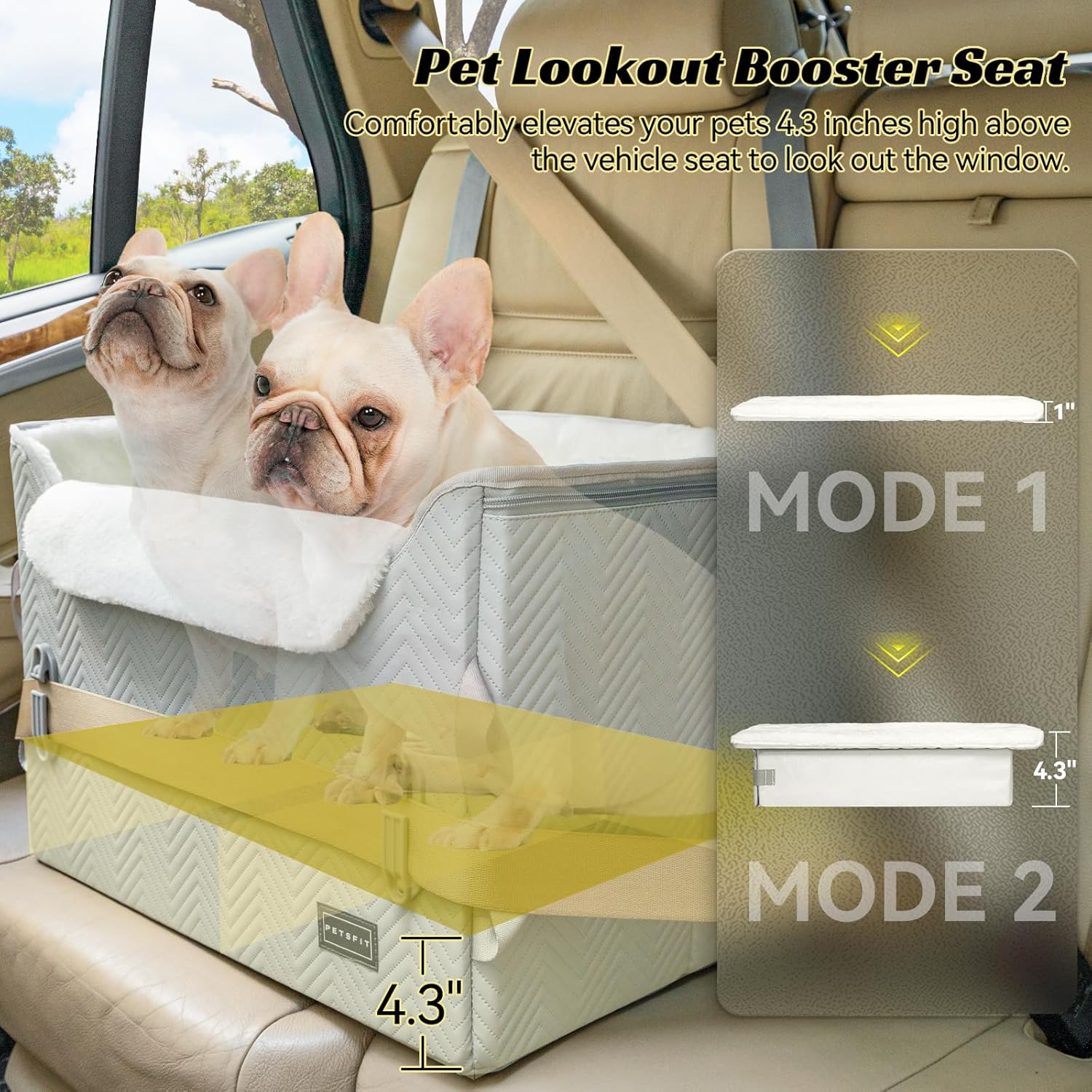 PETSFIT Dog Booster Car Seat, Waterproof PU Leather Car Seat for Dogs with Patented Safe Buckles, 2 Clip-On Safety Leashes, Suitable for 2 Small Dogs or a Medium Dog (Medium, Grey)