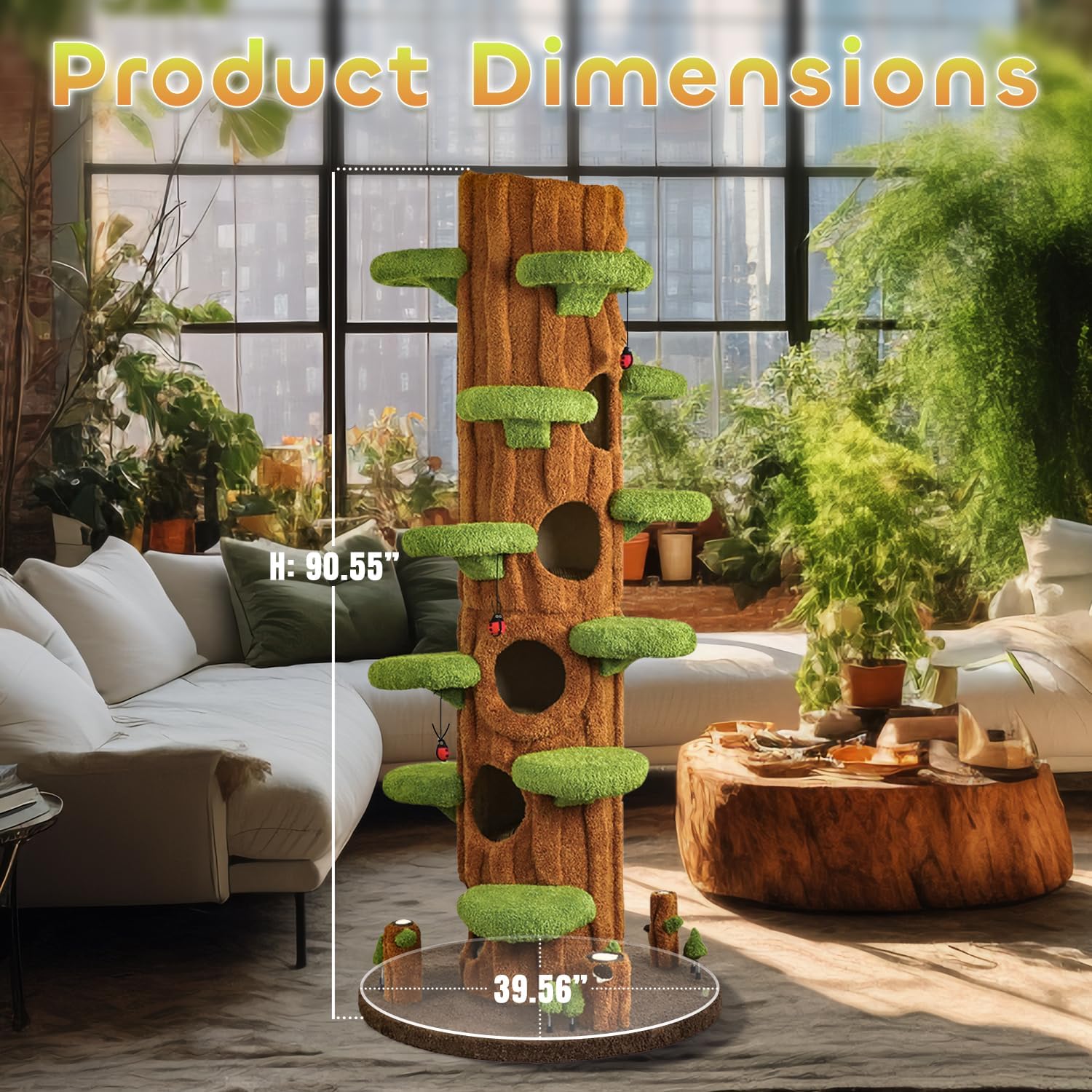 90.5'' Luxury Cat Tree with Scratching Pad, Wooden Cat Tower for Indoor Cats, Large Climber Tower, Tall Kitty Furniture, Multi-Level Condo for Multi-Cat Families