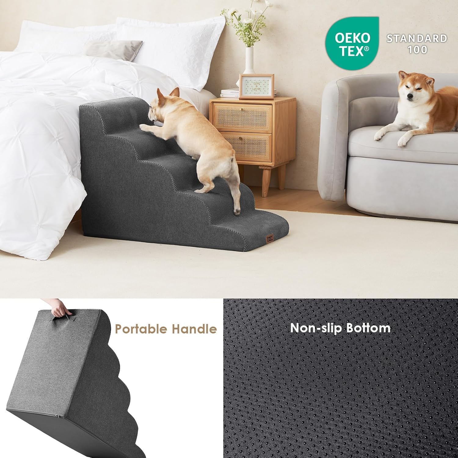 EHEYCIGA Curved Dog Stairs Ramp for High Beds, 5-Step Extra Wide Dog Steps for Small Dogs and Cats, Pet Stairs for High Bed Climbing, Non-Slip Balanced Pet Step Indoor, Grey