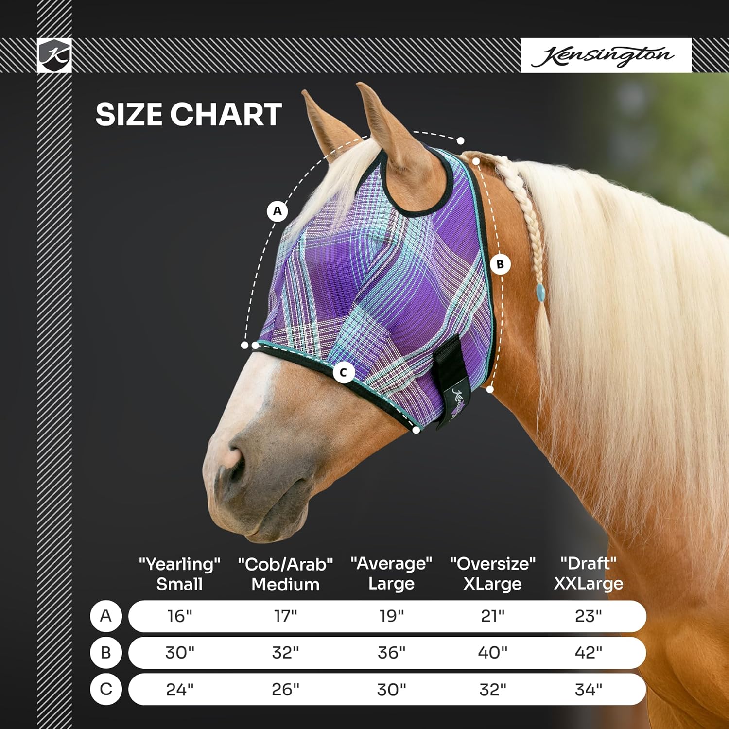 Kensington UV Horse Fly Mask with Web Trim - Protective Mask with Dual Ear Opening & Forelock Freedom - XLarge, Deluxe Black
