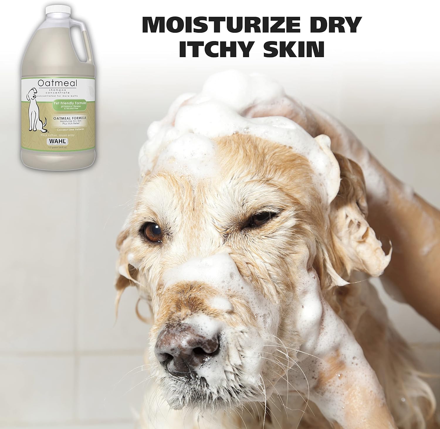Wahl USA Dry Skin & Itch Relief Pet Shampoo for Dogs – Oatmeal Formula with Coconut Lime Verbena Scent - 64 Oz - Model 821004-050
