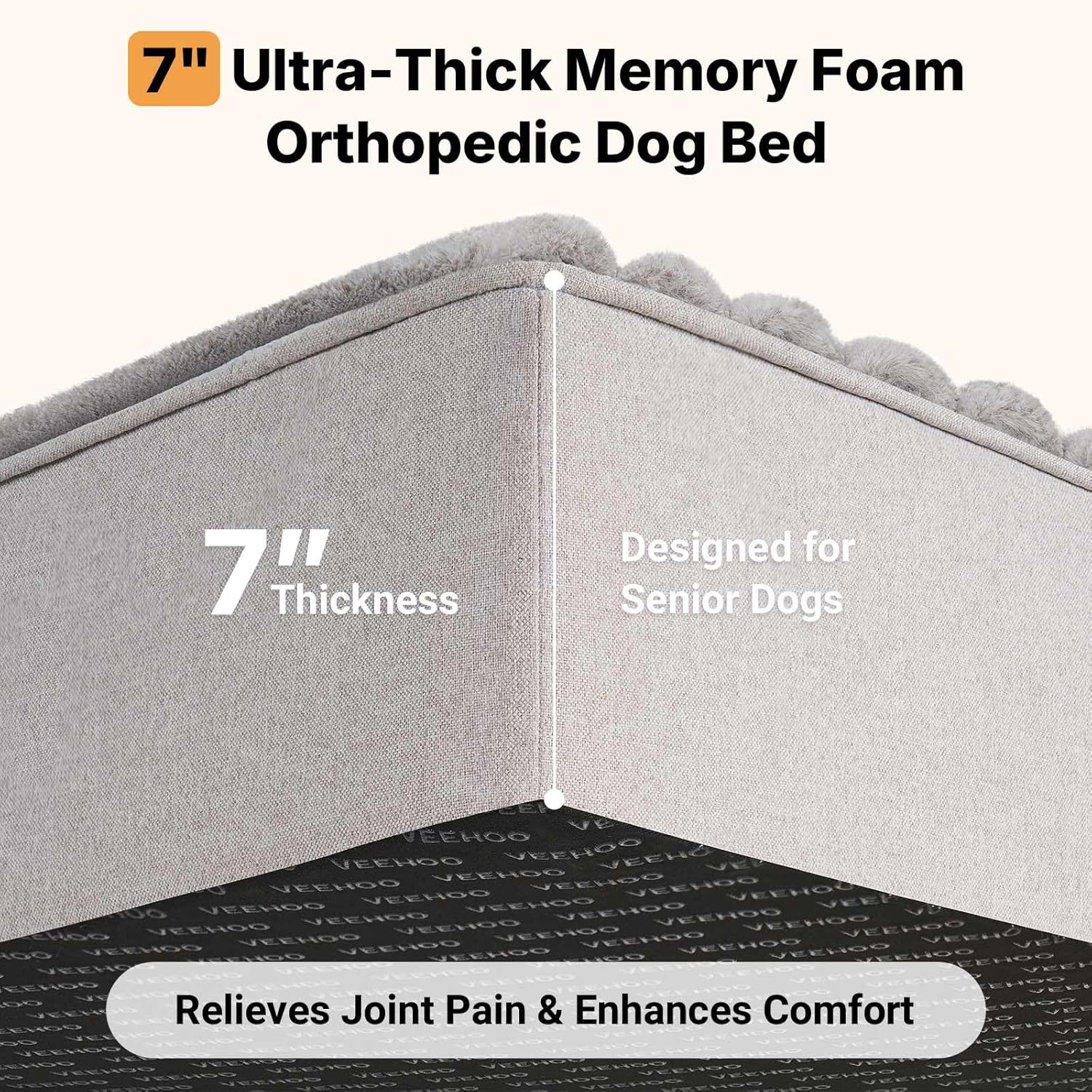 Veehoo Orthopedic Memory Foam Dog Bed, 7 Inch Thick Extra Large XXL Dog Bed for Senior Dogs with Ultra-Soft Fluffy Surface, Waterproof Liner, Removable Washable Cover and Non-Slip Bottom, 52"x36"x7"