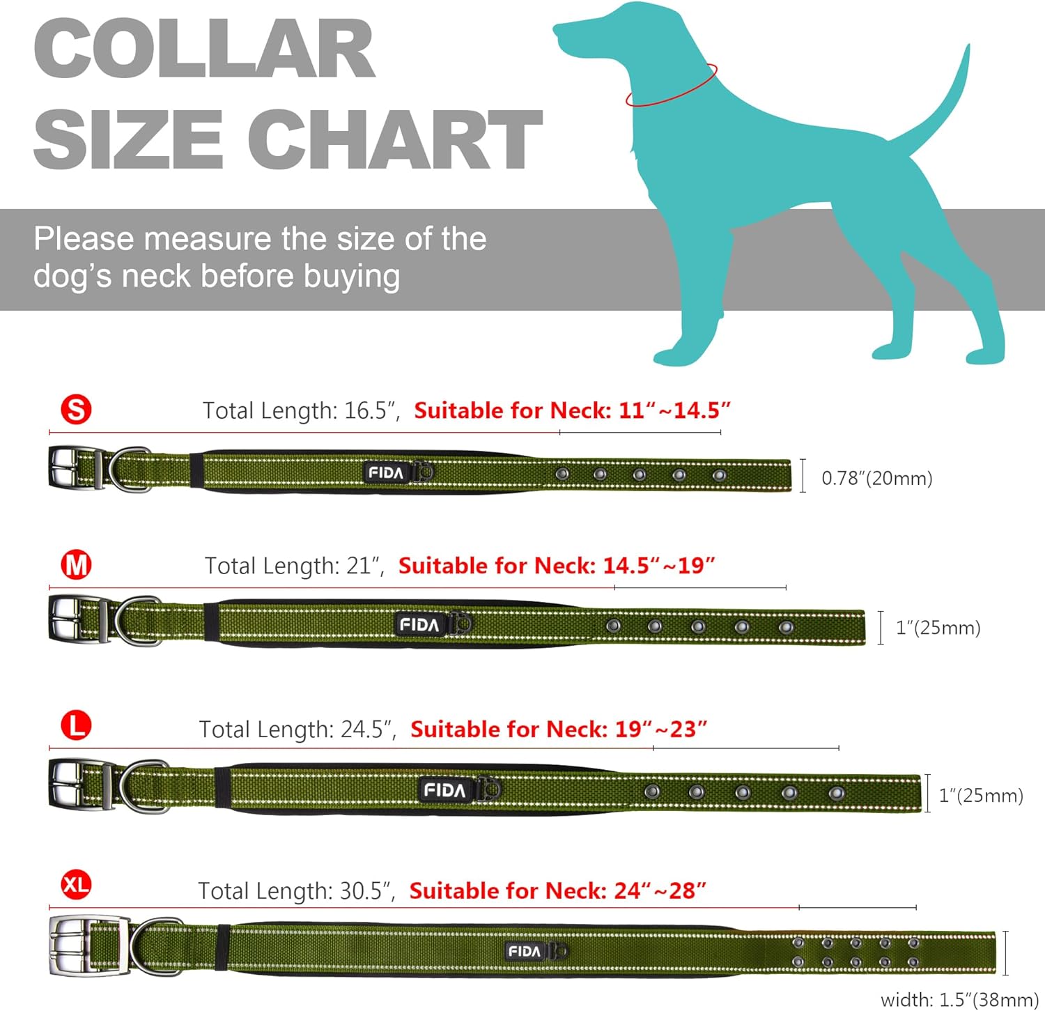 Fida Heavy Duty Dog Collar, Ultra Comfortable Soft Neoprene Padded, Adjustable Reflective Nylon Pet Collar with Durable Metal Belt Buckle for Small Breeds (S, Green)