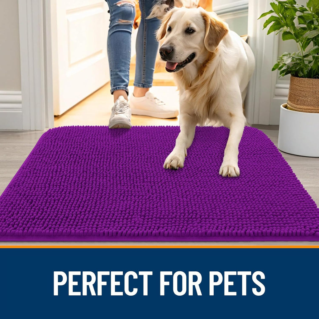 OLANLY Dog Door Mat for Muddy Paws 36x24, Absorbs Moisture and Dirt, Absorbent Non-Slip Washable Doormat, Quick Dry Chenille Mud Mat for Dogs, Entry Indoor Entryway Carpet for Inside Floor, Purple