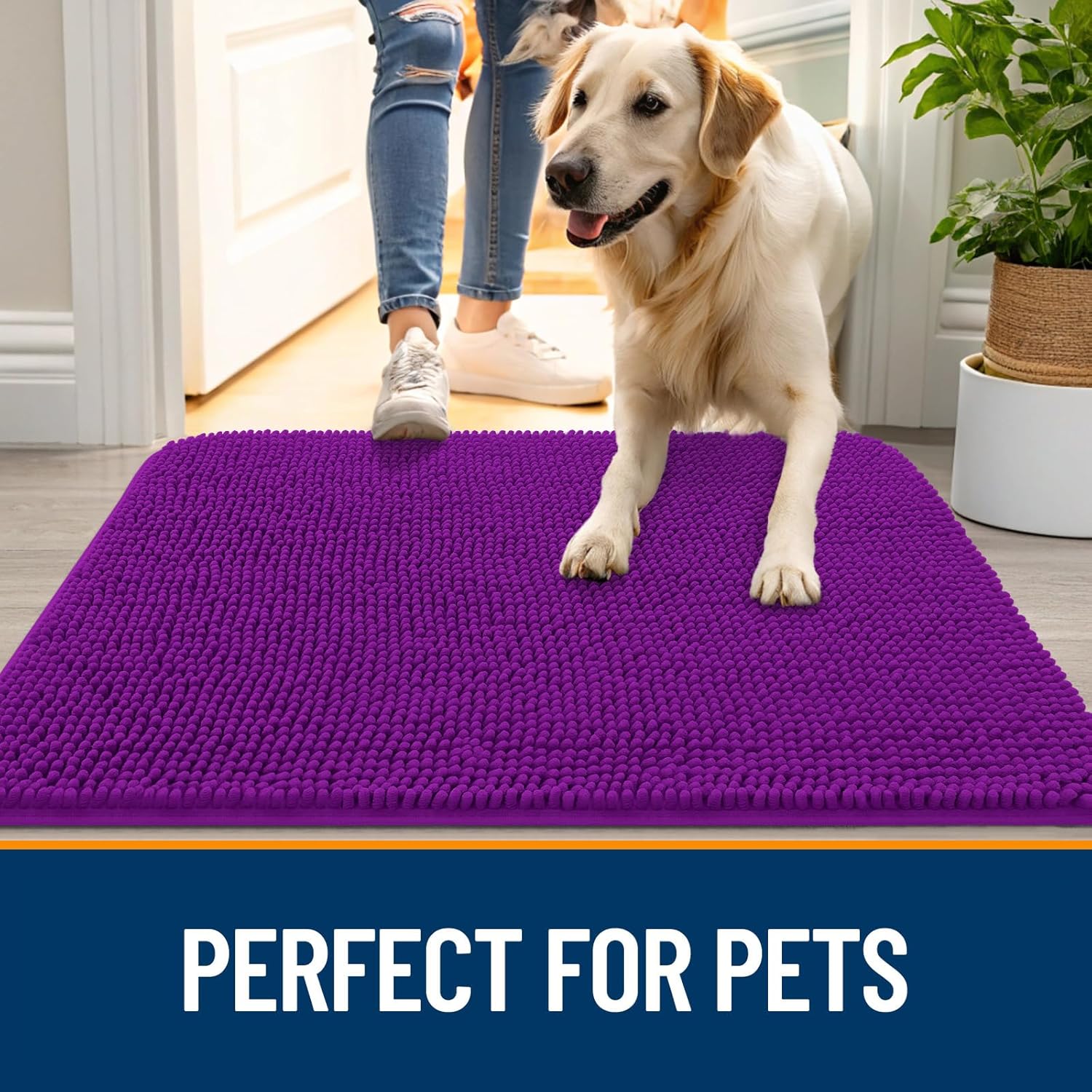 OLANLY Dog Door Mat for Muddy Paws 36x24, Absorbs Moisture and Dirt, Absorbent Non-Slip Washable Doormat, Quick Dry Chenille Mud Mat for Dogs, Entry Indoor Entryway Carpet for Inside Floor, Purple