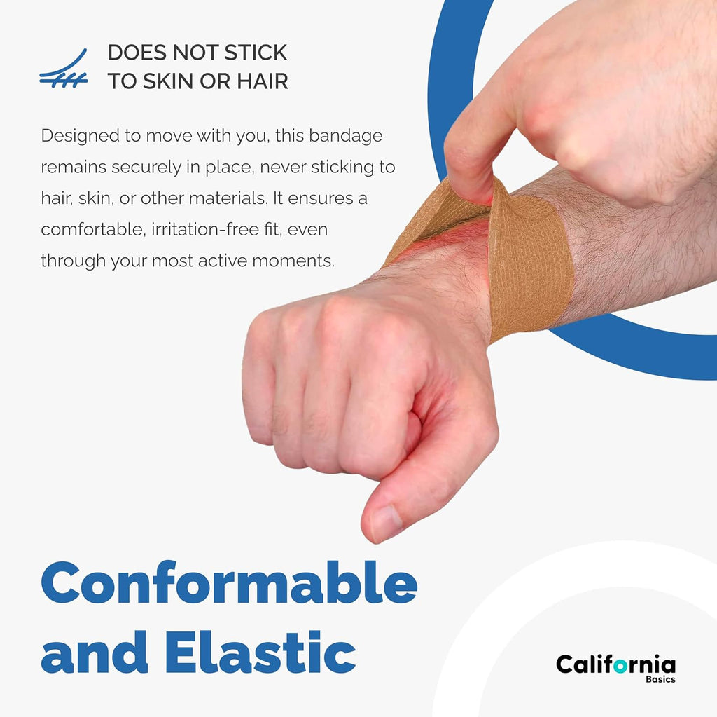 California Basics - 8 Pack - Self Adhesive Bandage Wraps - 3 Inch by 5 Yards Non Woven Self Adhesive Bandage Wrap, Brown Athletic Tape for Wrist, Hand & Ankle Wrap, Premium-Grade Medical Bandage Tape