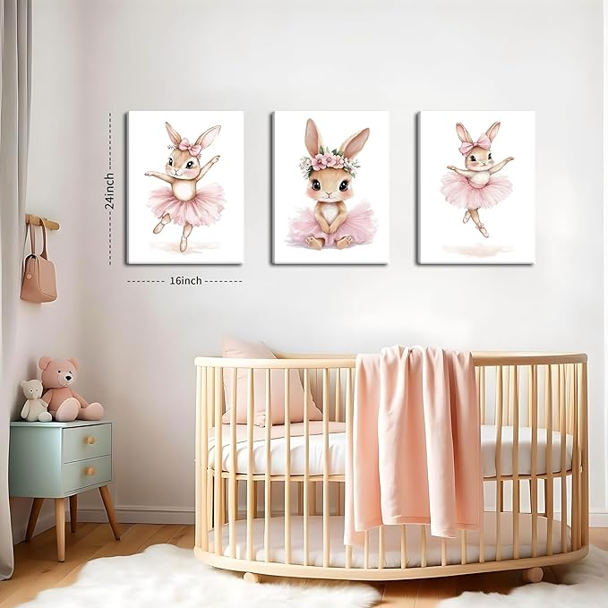 Baby Girl Nursery Wall Decor, Easter Nursery Canvas Wall Art Paintings Set of 3, Cute Animal Pink Bunny Posters Prints Pictures for Boys and Girls Room, Bedroom, Home Decor 16x24 In Framed