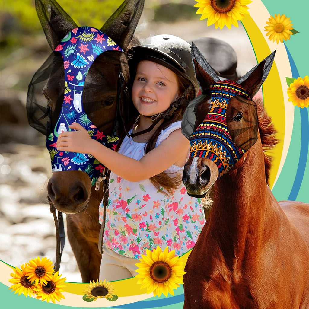 Frienda 4 Pieces Horse Fly Masks with Ears Face Covering UV Protection from Insect Pests Elasticity Smooth Comfortable Mesh Horse Mask Accessories(Geometric,Large)