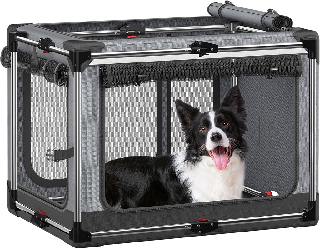 Collapsible Dog Crate: 38 Inch Foldable Soft Sided Dog Crate for Large Dogs, Portable Dog Travel Kennel with Soft Mat for Indoors & Outdoors, Grey (38" L x 27" W x 27" H)