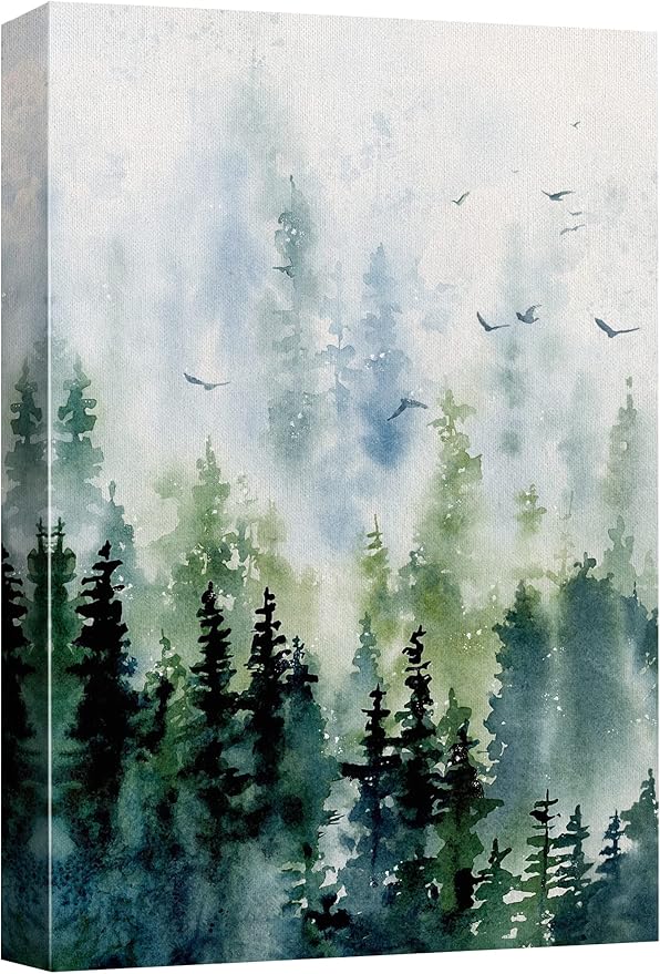 SIGNWIN Canvas Print Wall Art Woodland Nursery Decor Watercolor Pastel Pine Tree Bird Sky Nature Illustrations Modern Art Decorative Landscape Colorful for Living Room, Bedroom, Office - 32"x48"