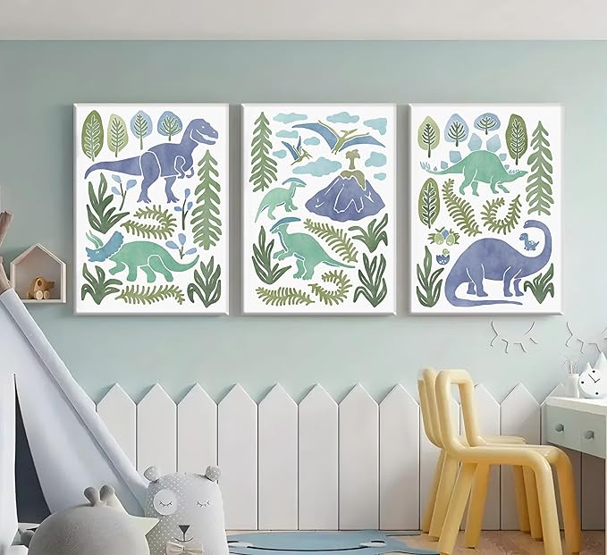 Baby Boys Nursery Wall Art Blue Green Dinosaur Pictures Wall Decor Stegosaurus T-Rex Triceratops Pterodactyl Posters Artwork Watercolor Dino Painting Canvas Prints for Kids Room Toddler Boy Room Decor