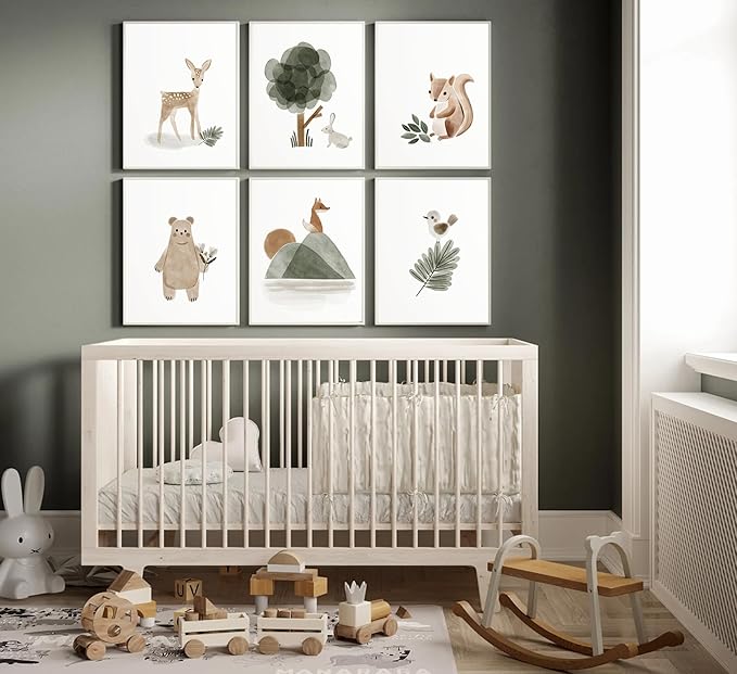 6 Pieces Woodland Nursery Canvas Wall Art Neutral Sage Green Bohemian Minimalist Forest Animals Paintings Pictures Wall Decor Poster Print Artwork For Kids Room Baby Room Boys Girls Bedroom Frameless