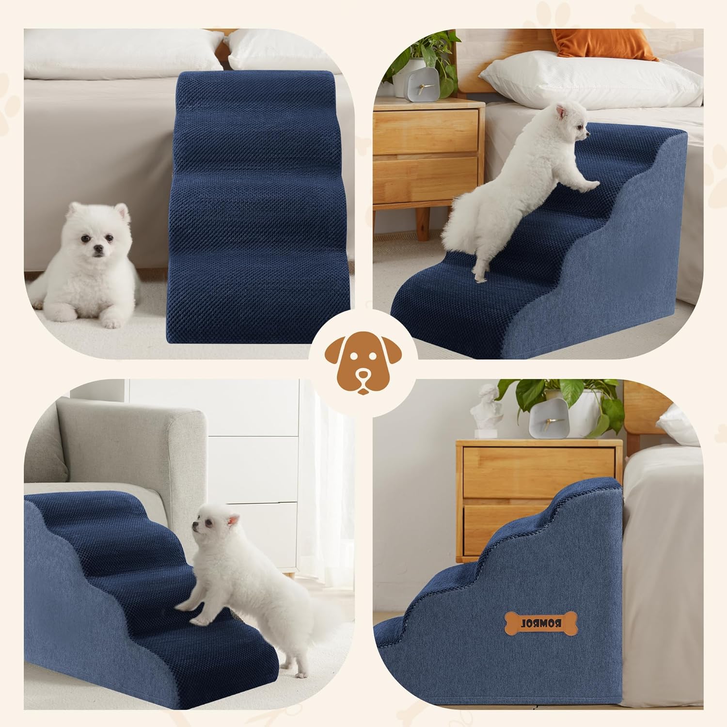 Dog Stairs, Romrol Dog Steps Ramp for High Bed and Couch, Dogs Ramp with Durable Non-Slip Waterproof Fabric Cover, Pet Stairs for Small Dogs and Cats or Pets Joints, 4-TiersNavy