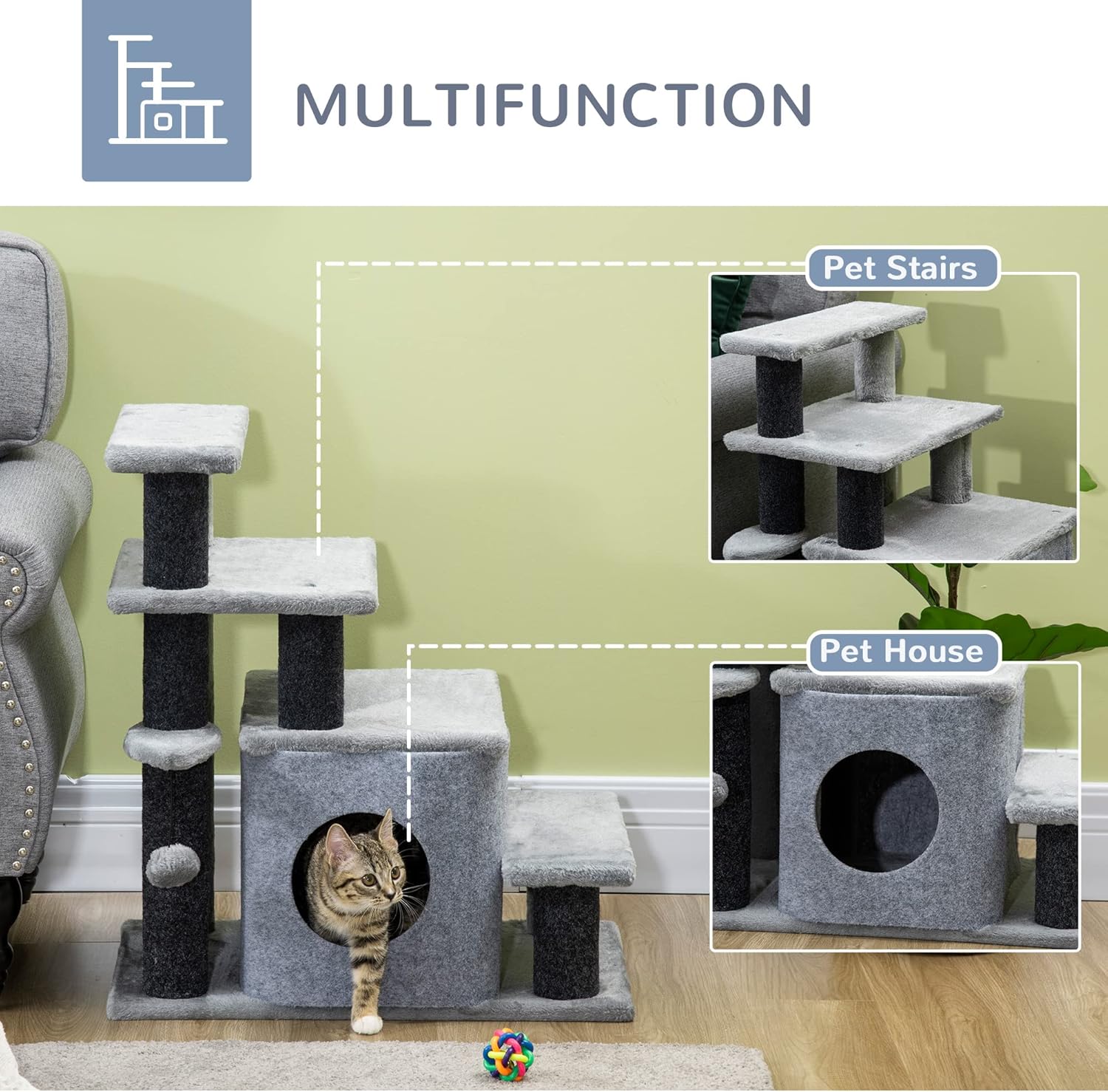 PawHut Pet Stairs, Adjustable Height 3/4 Step Cat Steps with Scratching Post, Condo, Toy Ball for High Bed, Sofa, Couch, Indoor Small Cats, Kittens, Gray
