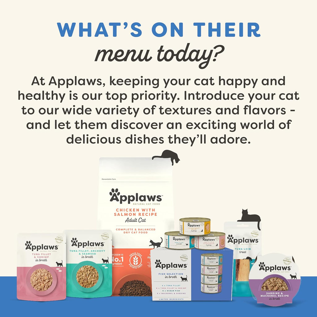 Applaws Natural Wet Cat Food in Broth, Limited Ingredient Wet Cat Food Pouches, No Additives, Made with Natural Ingredients, Tuna Fillet with Salmon in Broth (12 x 5.3oz Pouches)