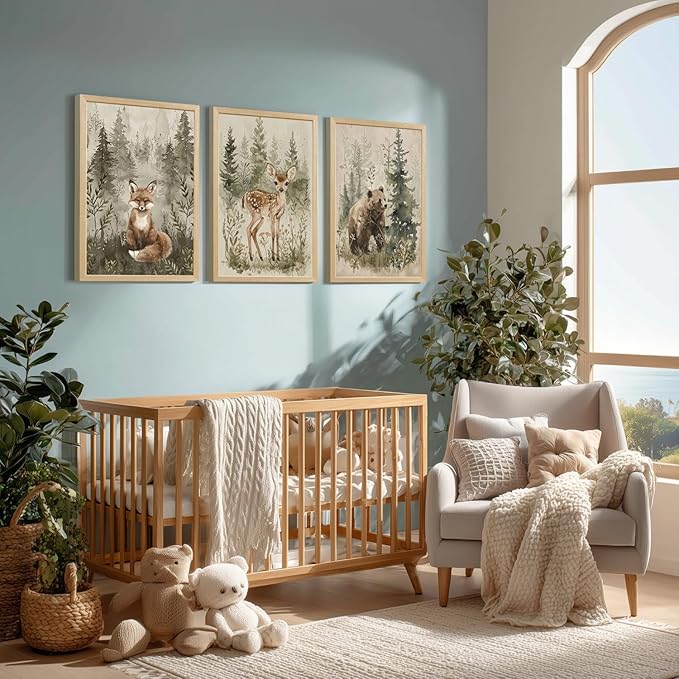 kilamino Wood Framed Woodland Animal Nursery Wall Art, Cute Fox Bear Deer Wall Decor, Neutral Wildlife Animal Art Prints, Funny Nature Forest Animal Canvas Paintings for Baby Room Playroom 12"x16"x3