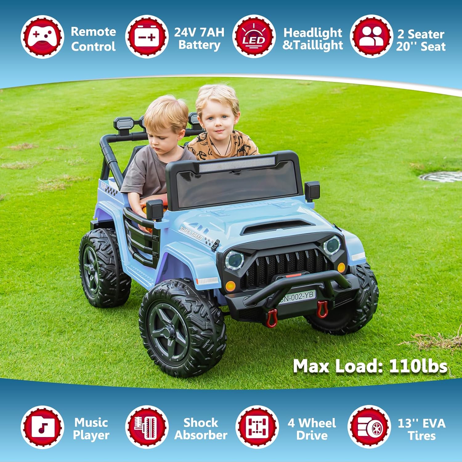 24V 2 Seater Ride On Truck with Remote Control 4WD Electric Car for Kids Ride On Car Battery Powered Ride On Toy Car with Music Player, LED Lights, Bluetooth, Rear Shock Absorber, Gray Blue