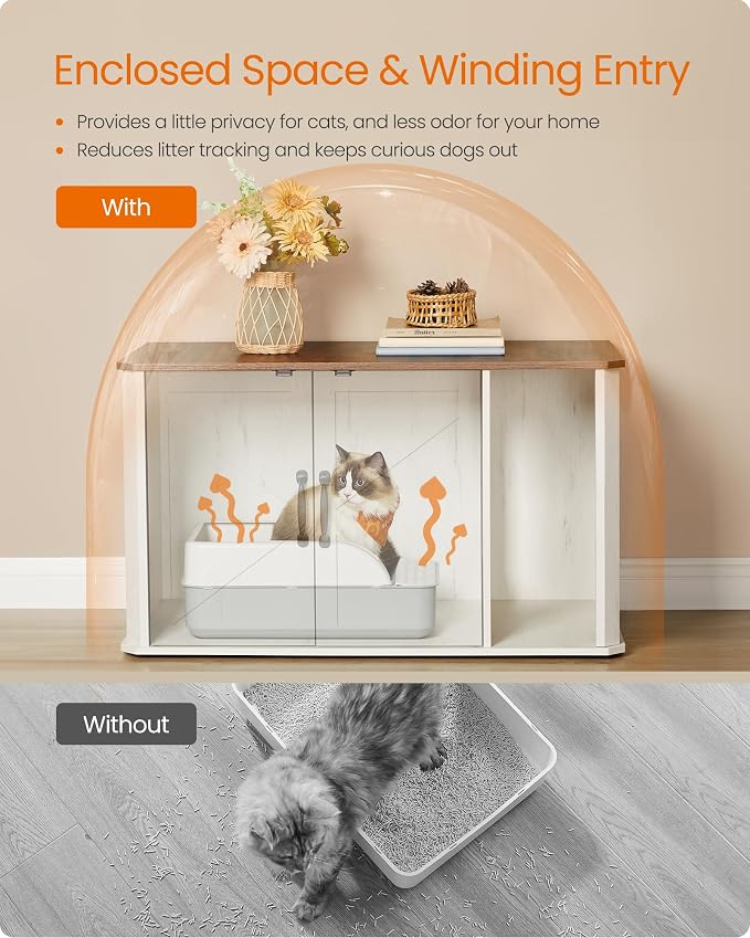Feandrea Litter Box Enclosure, Modern Cat Litter Box Furniture Hidden, Front - Image 6