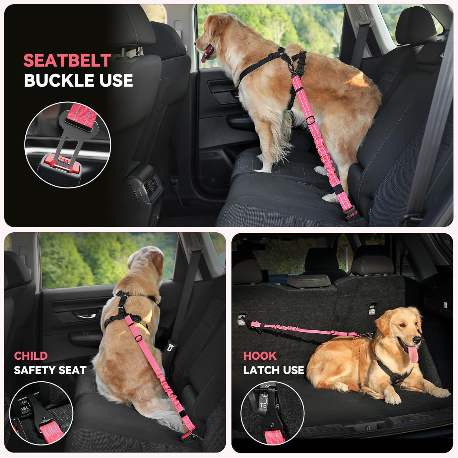 Pawaboo 2Pack Dog Seatbelt for Car, 3-in-1 Dog Car Seat Belt Bungee, Shockproof Dog Tether for Car with Buckle & Hook Latch, Adjustable Reflective Dog Harness Leash with 360° Lockable Buckle, Pink