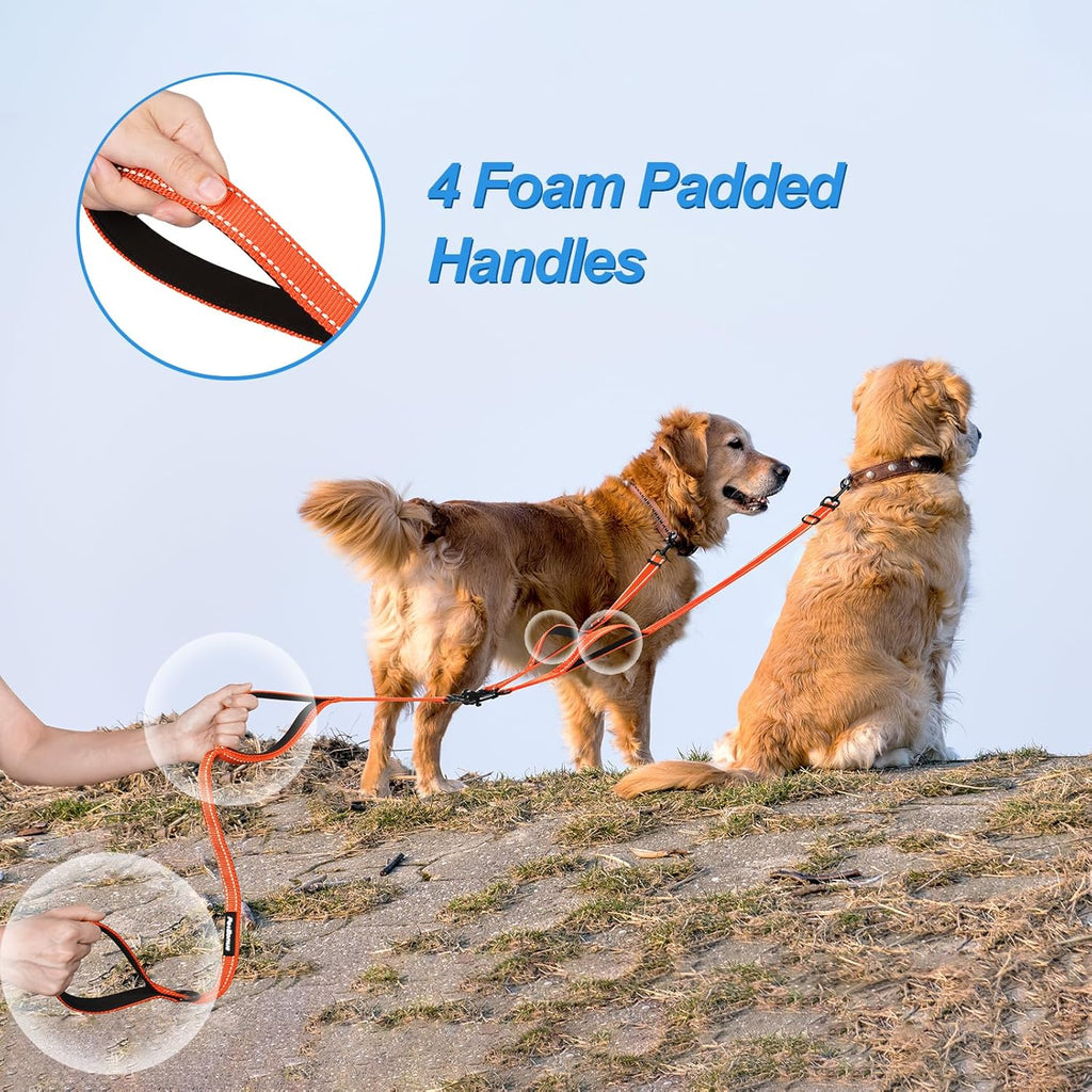 PetBonus Double Dog Leash, No Tangle Dual Leash, Reflective Walking Training Lead, 4 Comfortable Padded Handles for 2 Dogs with Collapsible Bowl and Waste Bags (Orange, Large)