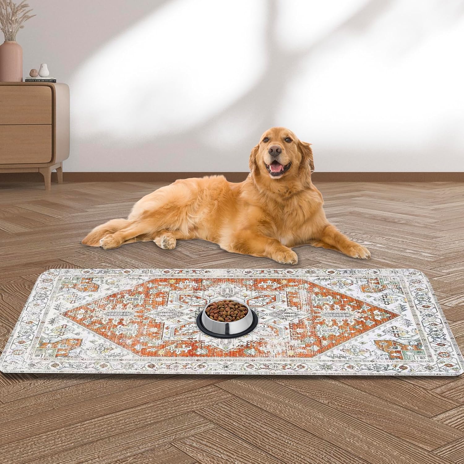 Large Pet Feeding Mat, 39.4"x31.5" Absorbent Quick Dry Dog Mat for Food and Water Bowl, Non Skid Cat Bowl Mat, No Stains Quick Dry for Pet Water Dispenser Pet Supplies for Messy Drinkers