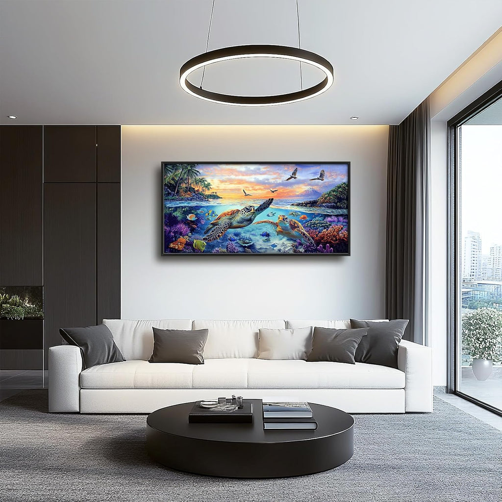 Framed Large Sea Turtle Wall Art for Living Room, Oversized Ocean Turtle Wall Decor Seascape Underwater Marine Life Canvas Painting Home Decoration for Living Room Bedroom Office 60"x30"