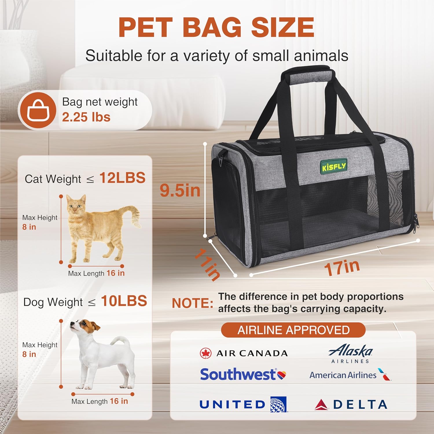 TSA Approved Pet Carrier in Cabin – Portable Travel Bag with Litter Box for Cats, Small Dogs, Kittens, Puppies & Rabbits (17"x11"x9.5"), for Pets up to 12 lbs, Gray