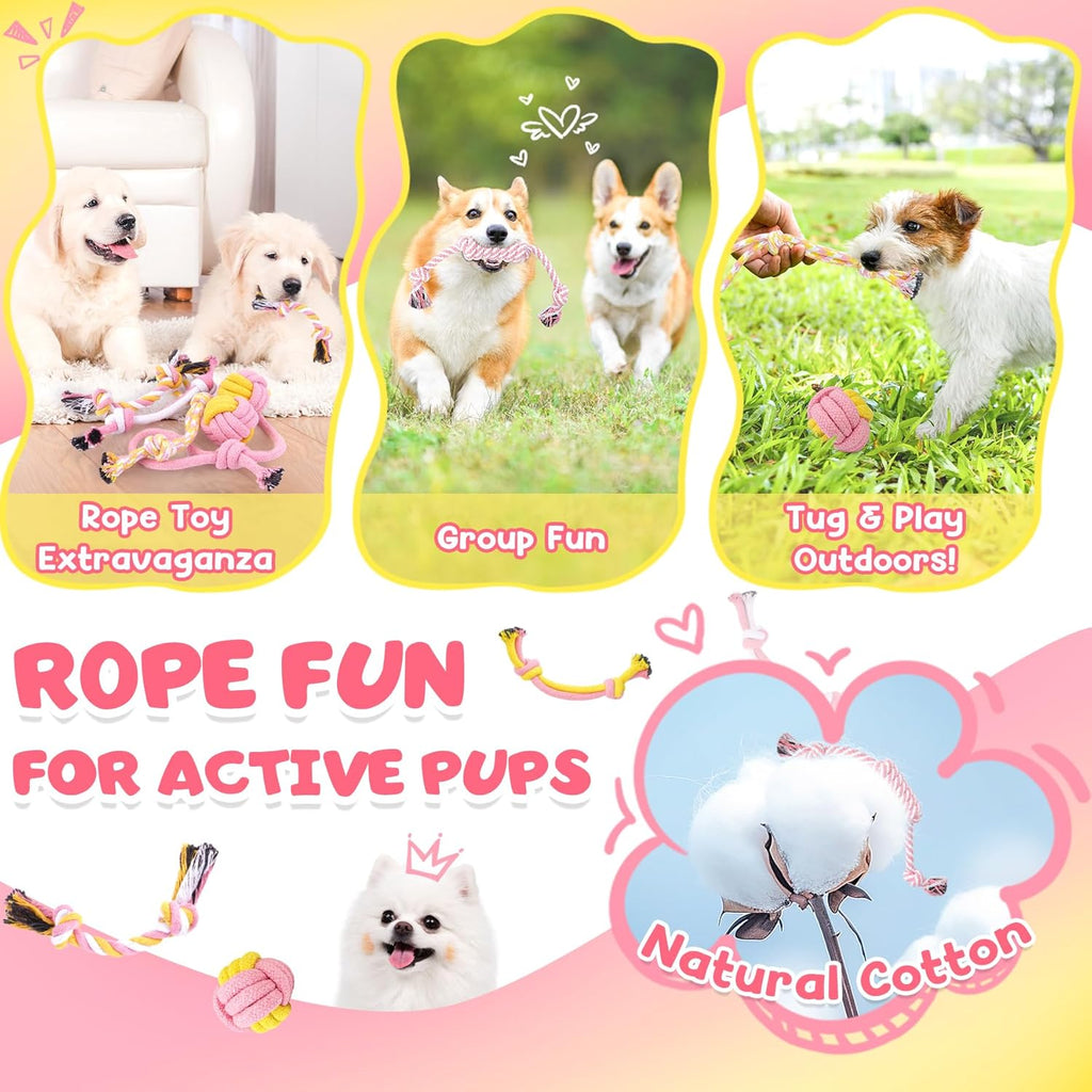 KIPRITII 25-Pack Pink Dreamy Dog Toy Set for Small Female Puppies - Includes Sweet Rope Toys, Chew Toys, Cute No-Stuffing Squeaky Dog Toy for Boredom and Teething