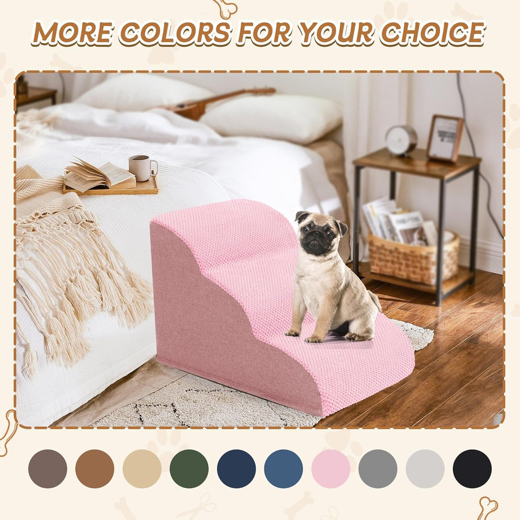 Romrol Dog Stairs Ramp for High Beds Couches, High Density Foam Pet Steps with Durable Non-Slip Waterproof Fabric Cover, Dog Stairs for Small Dogs or Cats or Pets, 3-Step,15 Inch,Pink