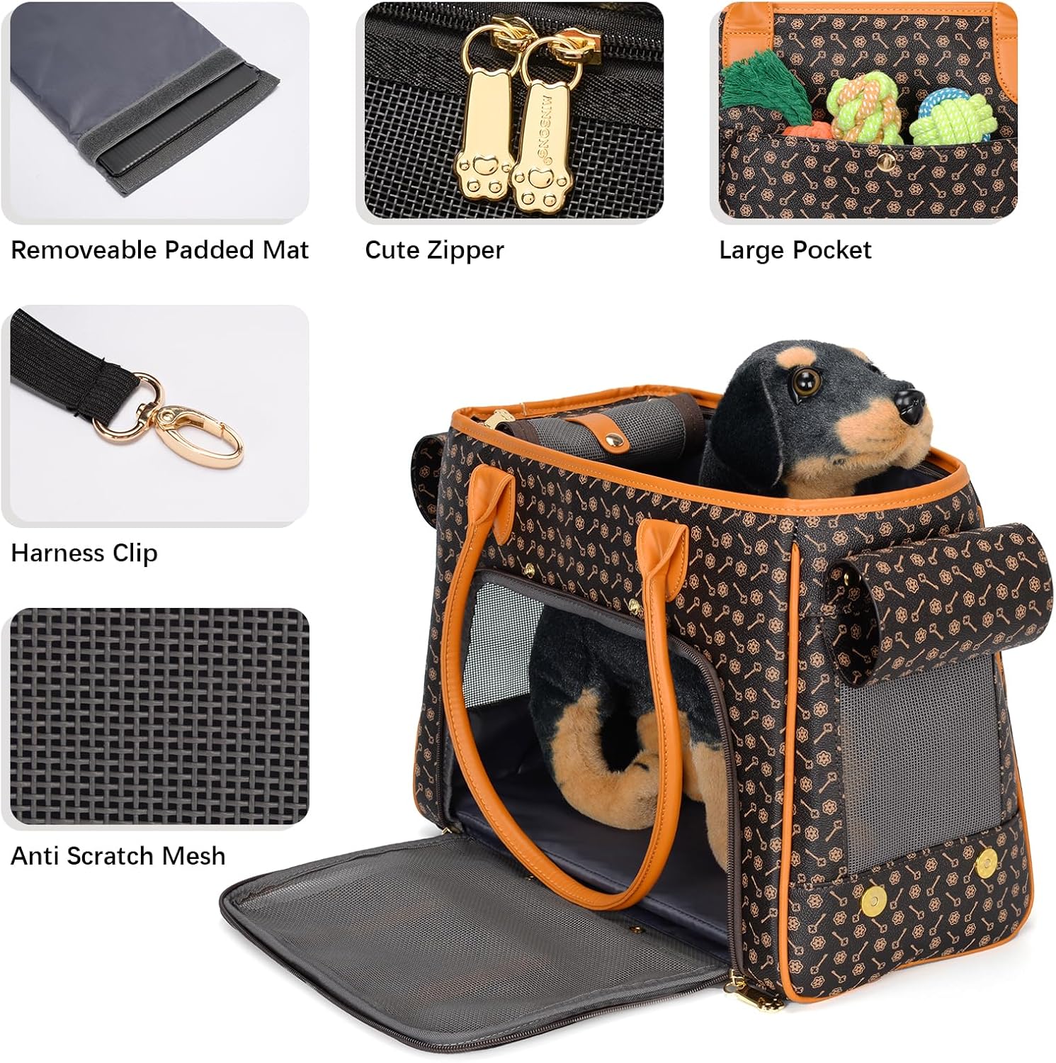 Minsong Fashion Pet Carrier Purse for Small Cat and Dog, Luxury Pu Soft-Sided Tote Bag with Large Pockets for Dogs and Puppies (Coffee, 15.8" L x 7.5" W x 11.8" H)
