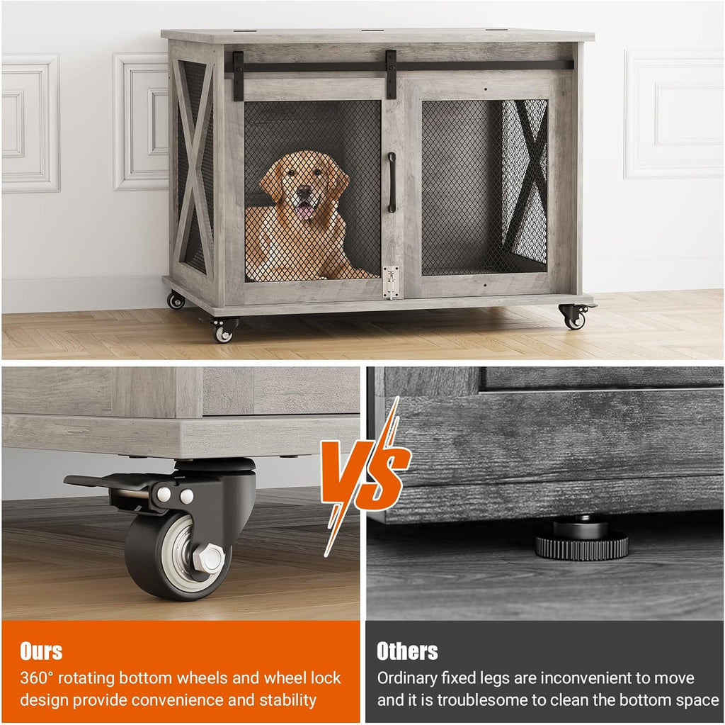 Dog Crate Furniture,37 Inch Indoor Dog Cage with Sliding Barn Door, Flip Top Dog Kennel End Table with Removable Divider, Farmhouse Wooden Pet House for Small to Middle Size Dogs