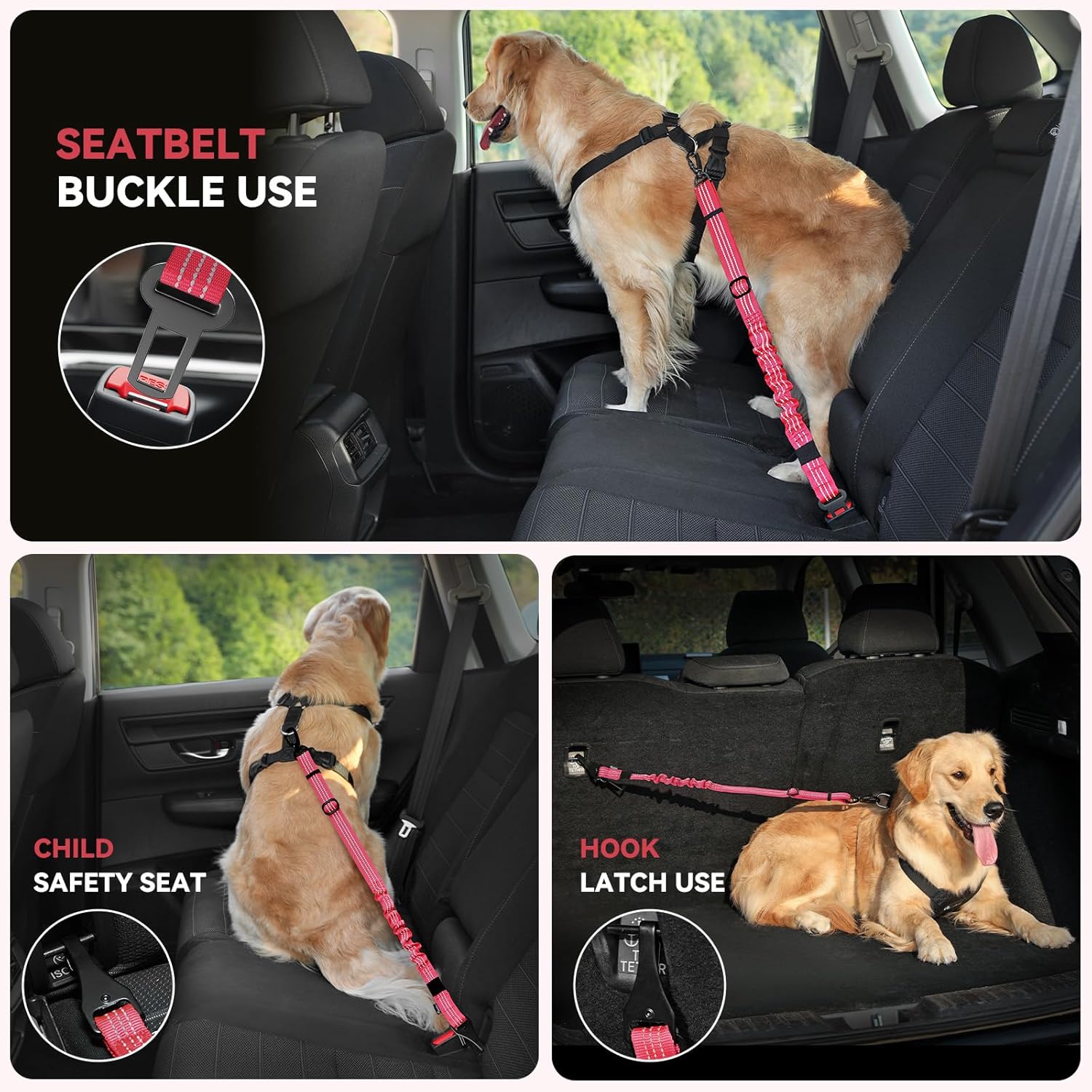 Pawaboo Dog Seatbelt for Car, 3-in-1 Dog Seat Belt Bungee, Shockproof Dogs Tether for Car with Buckle & Hook Latch, Adjustable Reflective Dogs Cars Harness Leash with 360° Lockable Buckle, Red