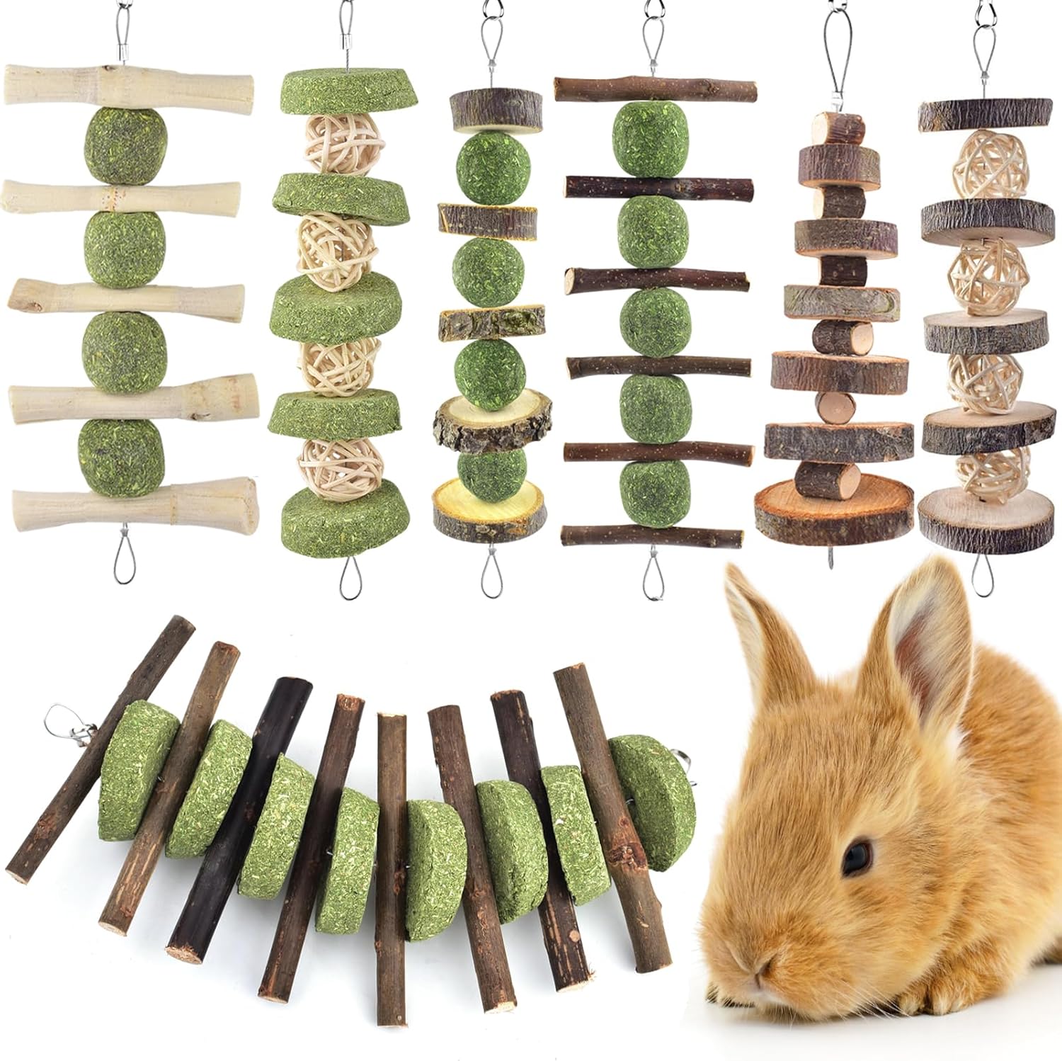 ERKOON Bunny Chew Toys, Rabbit Chew Toys for Teeth Grinding, Improve Dental Health, 100% Natural Apple Wood Timothy Grass Cake Treats for Rabbits Guinea Pigs Chinchillas Bunnies Hamsters (7 Pcs)