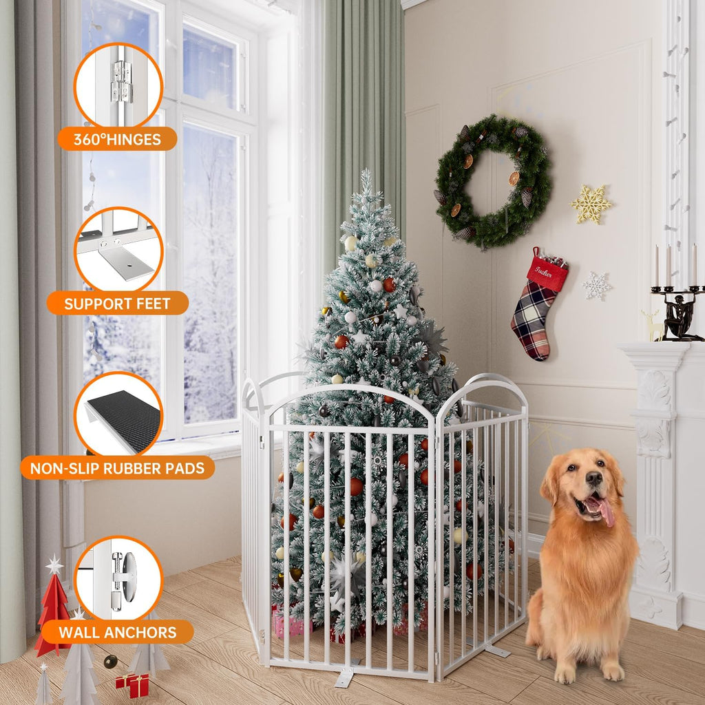 4 Panles Full Matel Freestanding Dog Gates with Door, 96"Extra Wide 36"Tall Free Standing Dog Pet Gate for Indoor & Outdoor. Foldable Pet Fences for Doorways, House, Stairs, Porch, Deck, Yard