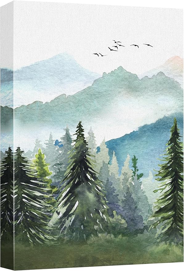 SIGNWIN Canvas Print Wall Art Watercolor Green Forest Tree Mountain Range Nature Landscape Prints Modern Art Woodland Nursery Decor for Living Room, Bedroom, Office - 16"x24"