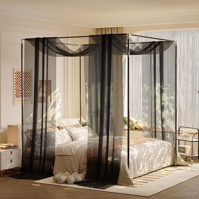 lazyzzz Black Canopy Bed Curtains for Full/Queen Metal/Wood Canopy Bed Frame, Princess Bed Canopy Scarf for Girls-2 Panel Sheer Curtain 39.4" W x 315" L