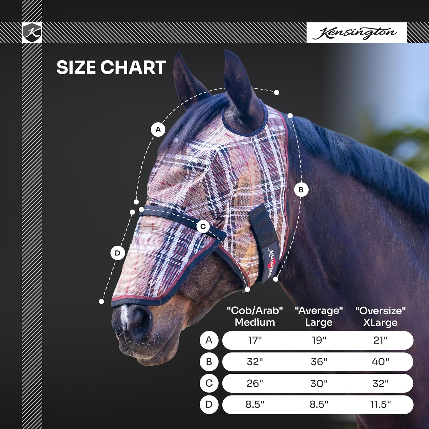 Kensington Signature Fly Mask with Removable Nose — Protects Horses Face and Nose from Biting Insects and UV Rays While Allowing Full Visibility — Ears and Forelock Able to Come Through The Mask