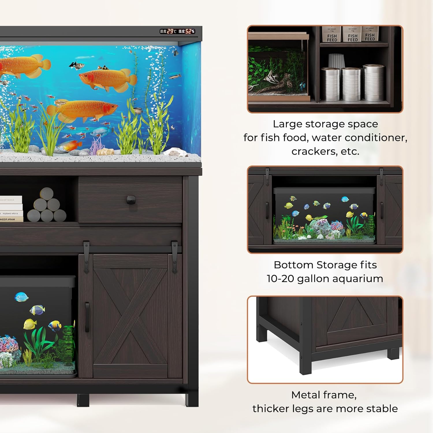 Miereirl 75-120 Gallon Fish Tank Stand with Power Outlet – Heavy Duty Aquarium Stand, Rustic Farmhouse Style, 1000 lb Capacity, Adjustable Storage & Sliding Barn Doors, Dark Brown
