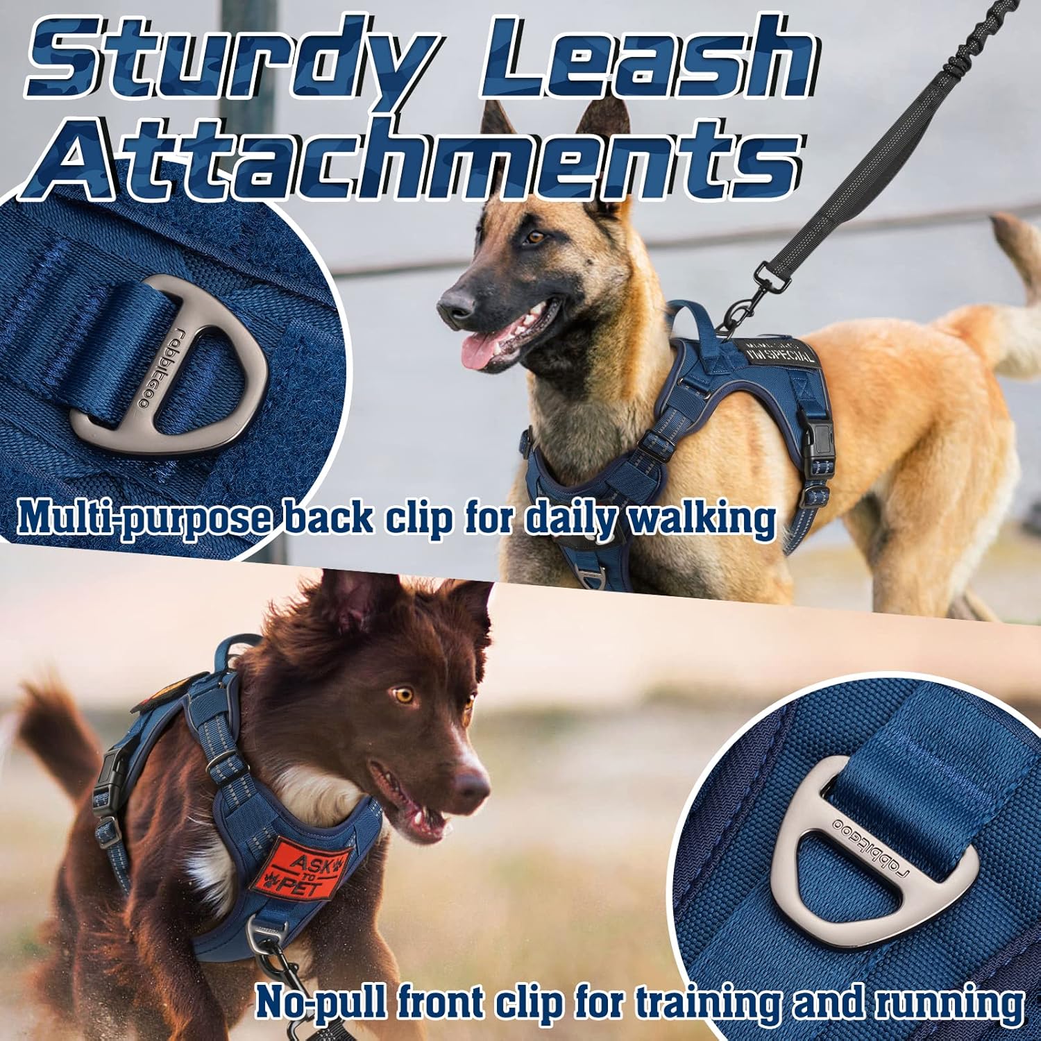 rabbitgoo Dog Harness No Pull, Military Dog Harness Medium Sized Dog with Handle & Molle, Easy Control Service Dog Vest Harness Training Walking, Adjustable Reflective Tactical Pet Harness, Blue, M