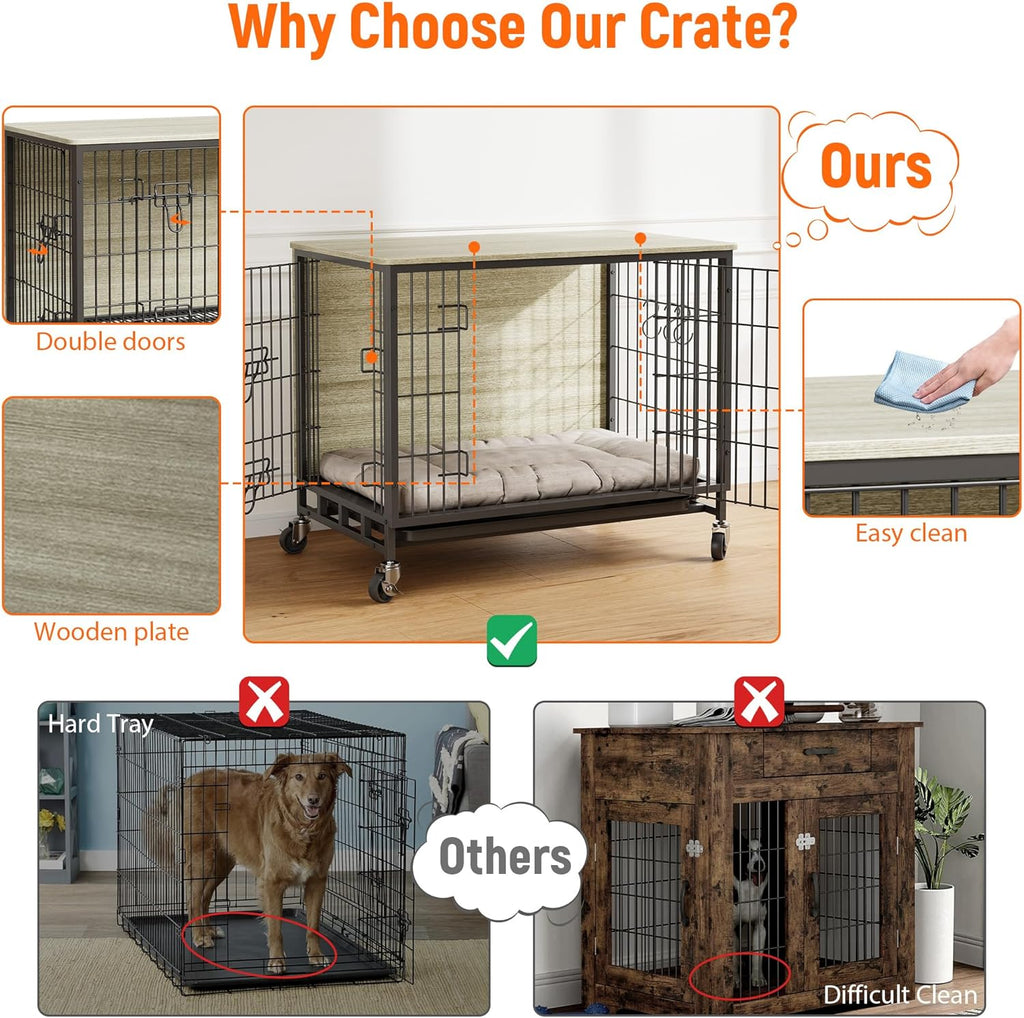 Dog Crate Furniture, 32.5" Wooden Dog Crate Furniture Side End Table, Indoor Kennel with Double Doors, Dog Crates for Medium Dogs, Grey