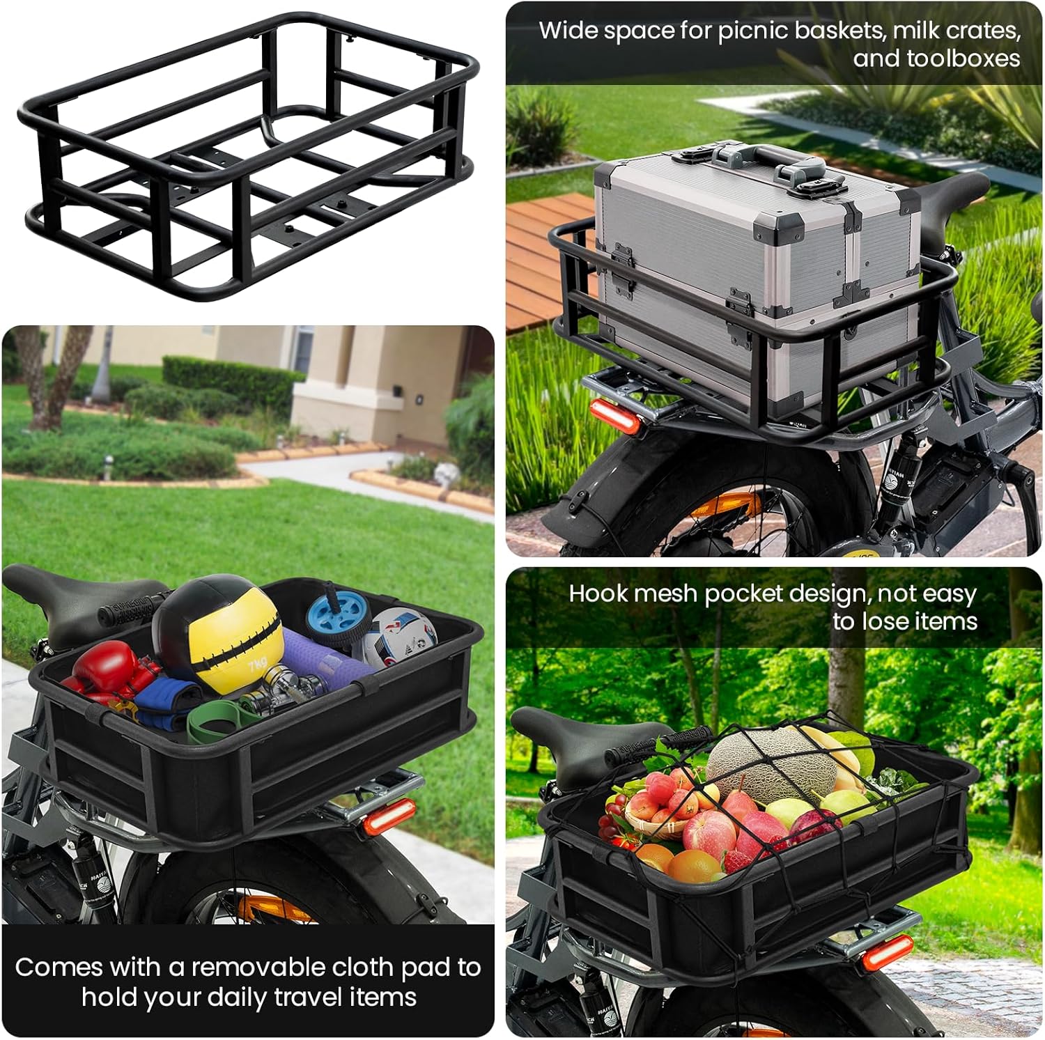 AWQM Large Ebike Basket, Waterproof Metal Electric Bicycle Basket, Quick Assemble Bike Accessories Rear Cargo Rack for Picnic, Pet, Sports