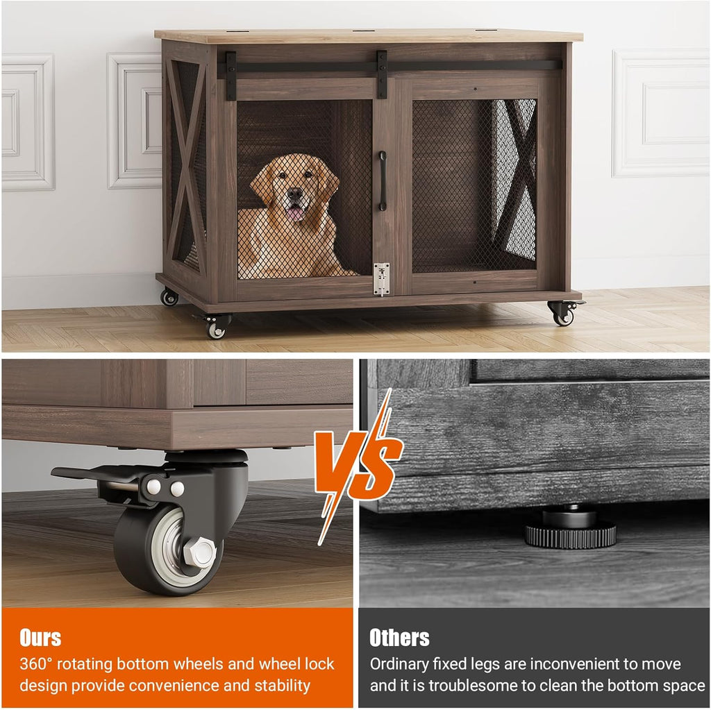 Dog Crate Furniture,37 Inch Indoor Dog Cage with Sliding Barn Door, Flip Top Dog Kennel End Table with Removable Divider, Farmhouse Wooden Pet House for Small to Middle Size Dogs