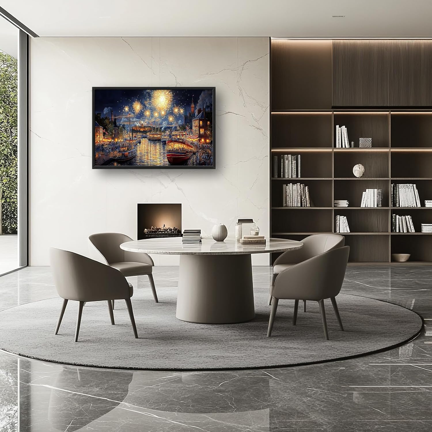 Framed Large Firework Night Sky Wall Art, Oversized European City Landscape Wall Decor for Living Room, River Boats Canvas Pictures Home Decoration for Living Room Bedroom Office 36"x24"