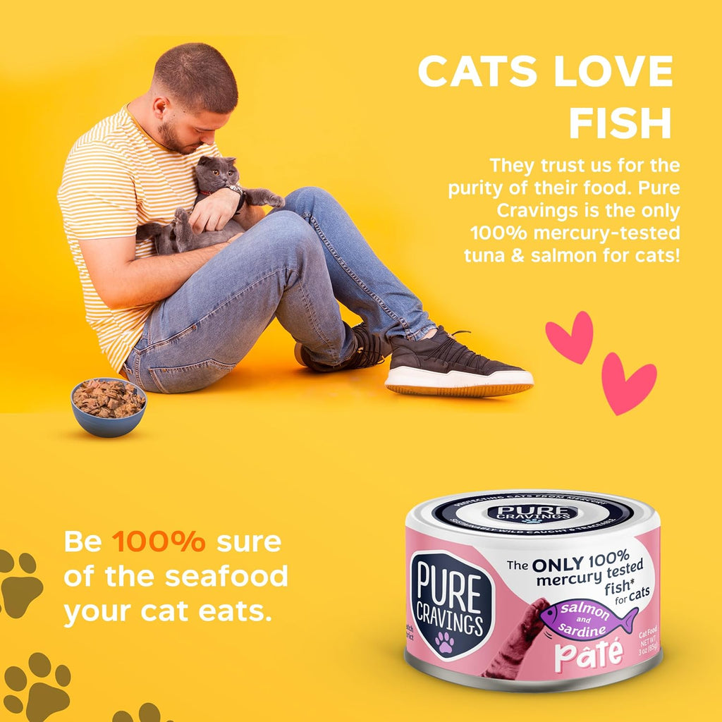 Salmon and Sardine Pate, Canned Wet Cat Food, 100% Mercury-Tested, Moist Can Fish, Grain-Free Protein, Non-GMO, 12 Pack