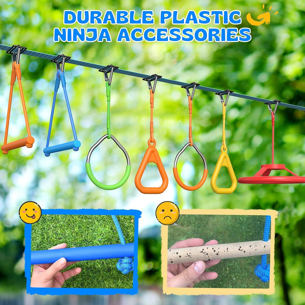 Hapfan 50 FT Ninja Warrior Obstacle Course Swing Set for Kids with Weather-Proof Accessories, Outdoor Playset with Monkey Bars for Backyard