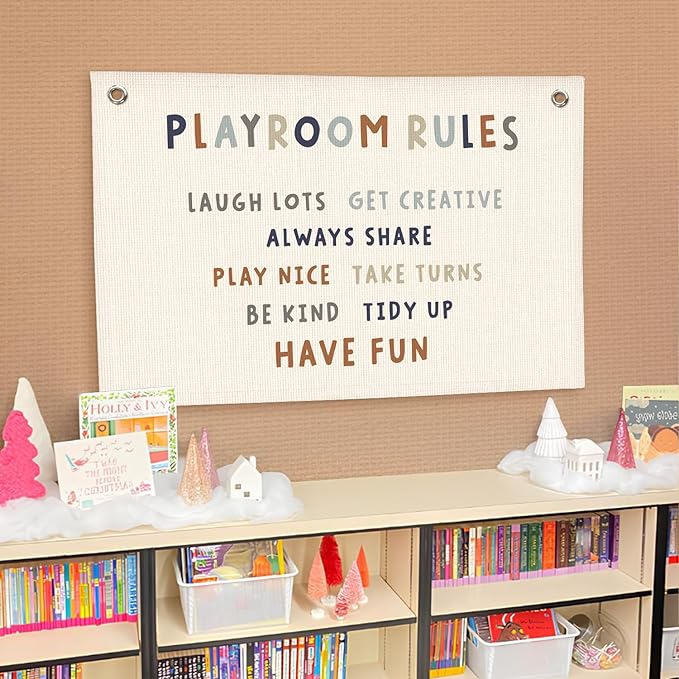 Lacama Play Room Wall Decor Rules Linen Banner, Kids PlayRoom Decor for Kids Nursery Home School, Nursery Wall Decor Toddler Boys, 30x20
