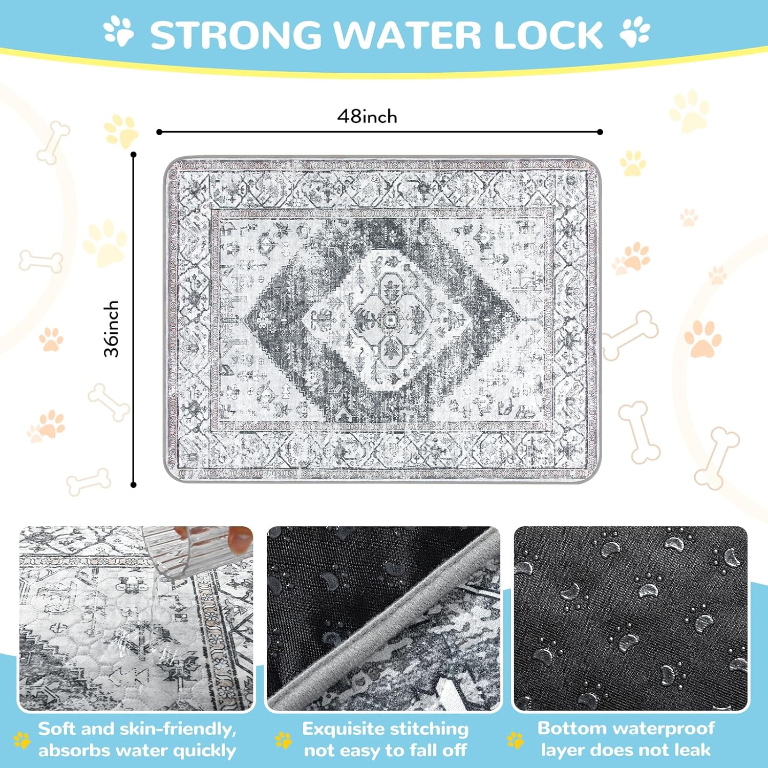 Lahome Reusable Washable Puppy Pads - 2 Pack Super Absorbent & Waterproof Dog Training Mats for Potty, Crate and Floor - Leakproof Pee Pads with Non-Slip Backing (Gray, 36"x48")