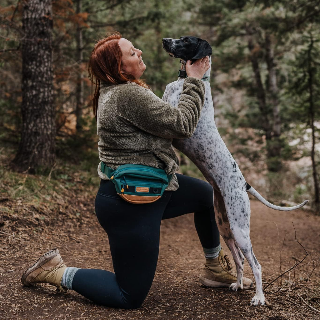 Wilderdog Utility Fanny Pack stores Treats, Balls, Keys in 3 Pockets with adjustable strap and Poop Bag dispenser (Evergreen)