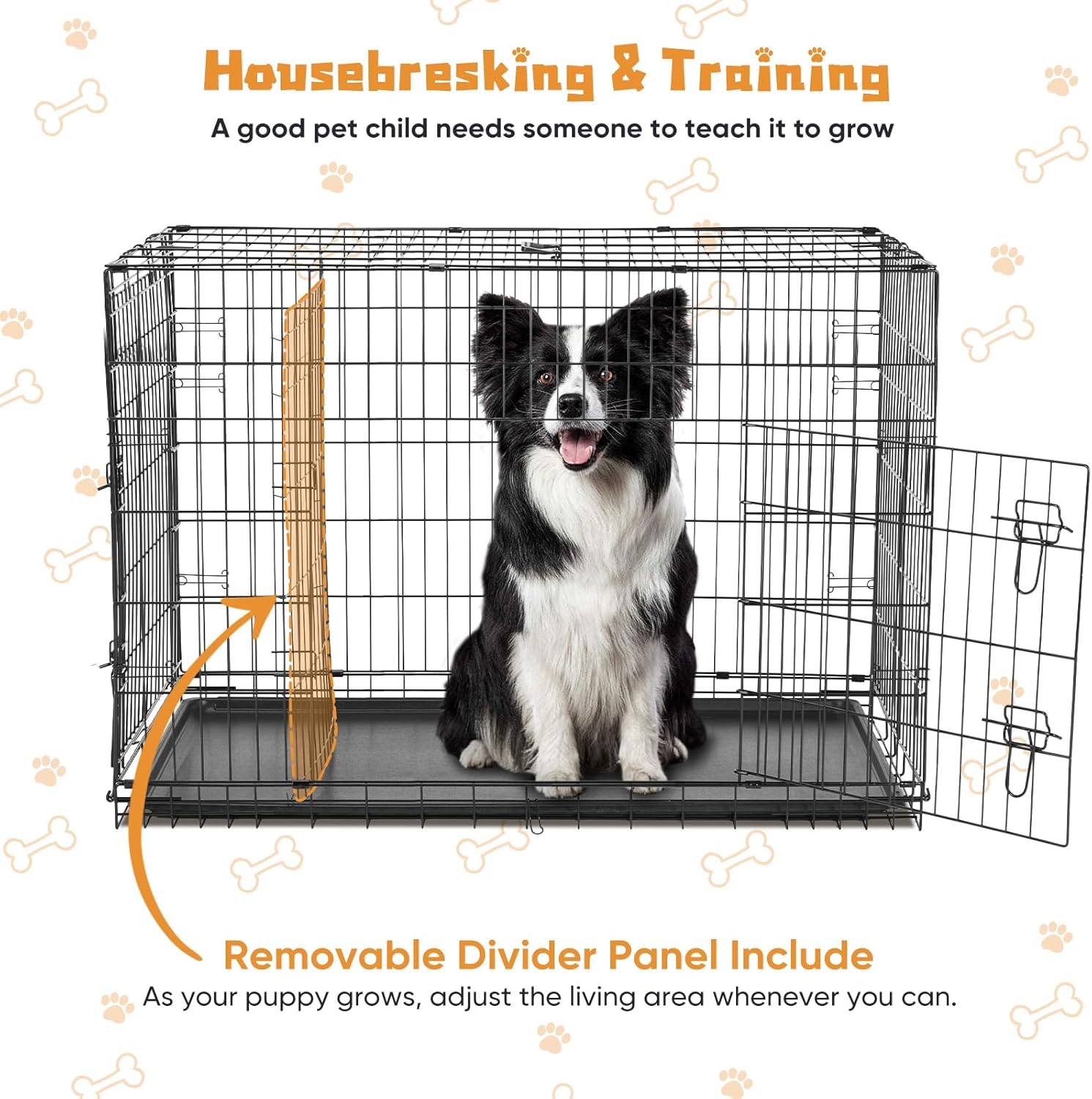 DUMOS Dog Crate, 36 Inch Medium Double Door Dog Cage with Divider Panel and Plastic Leak-Proof Pan Tray, Folding Metal Wire Pet Kennel for Indoor, Outdoor, Travel