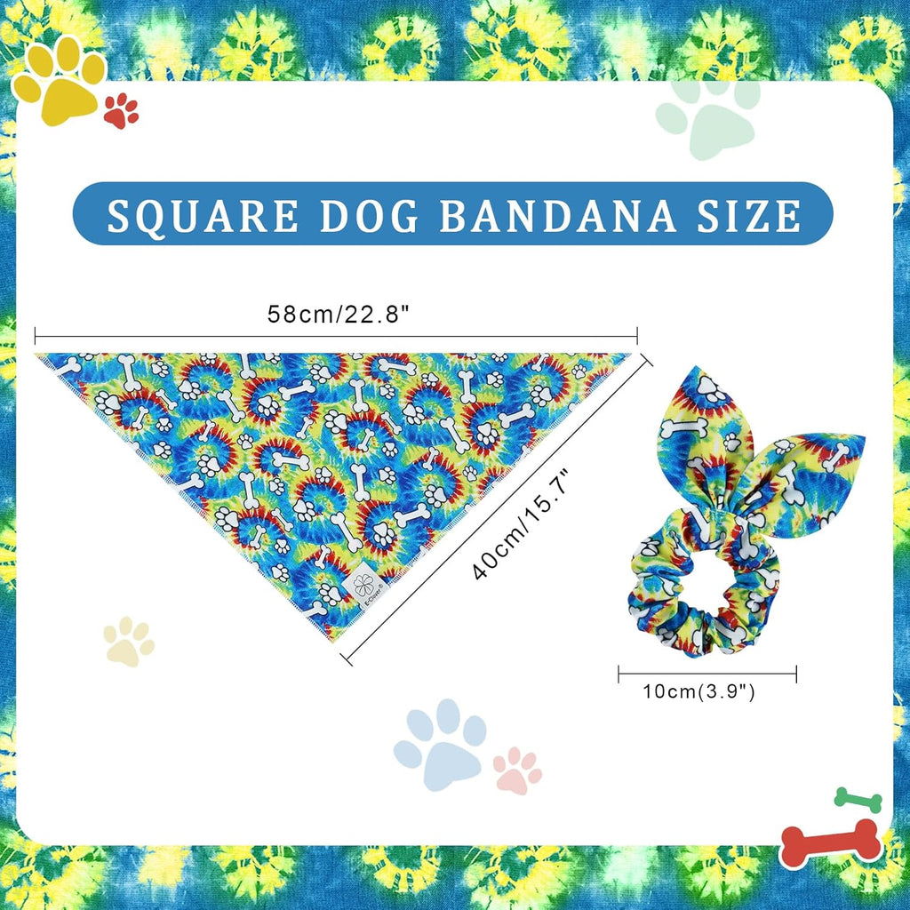 E-Clover Rainbow Dog Bandanas & Matching Scrunchie Set Girl Cute Pride Dog Scarf Bibs Pet Bandana with Bow Tie for Small Dogs Puppy Owner Mom Spring
